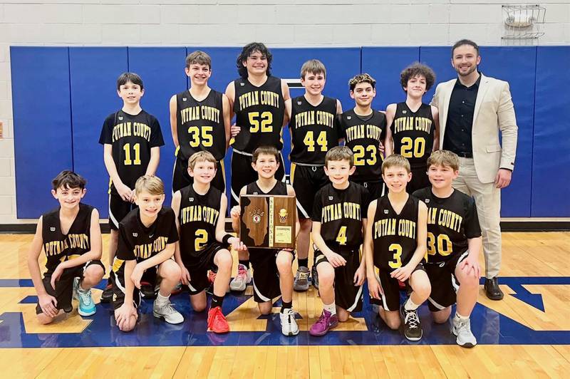 The Putnam County Pumas punched their way to the IESA seventh-grade state boys basketball tournament by defeaing host Joliet Laraway 32-28 to capture the sectional championship on Monday night. The Pumas (18-2) will play undefeated Riverdale (15-0) at 2:30 p.m. Saturday at Macon-Meridian High School.  Riverdale beat Bourbonnais St. George 31-14 at the Momence Sectional. Team members for the Pumas are (front row, from left) Luca Carboni, Calvin Fiedler, Davis Carlson, Hayden Doyle, Garrett Billups, Cayden Bush and Anthony Popurella; and (back row) Camden Moriarty, Nolan Weddell, Brennen McDonald, Luke Gabrielse, Geoffrey Pagani, Caius Luncsford  and Coach Christian Harris.