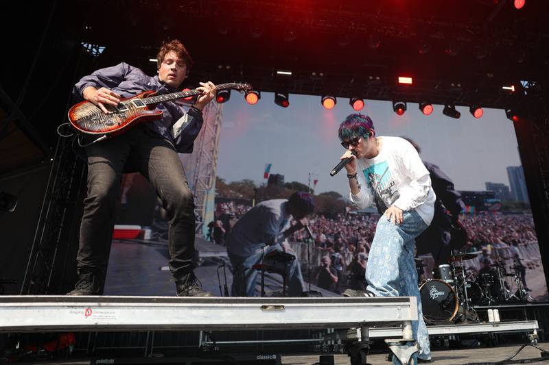 Geoff Wigington, left, and Awsten Knight of Waterparks performs at Lollapalooza on Sunday, Aug. 4, 2024 in Chicago.