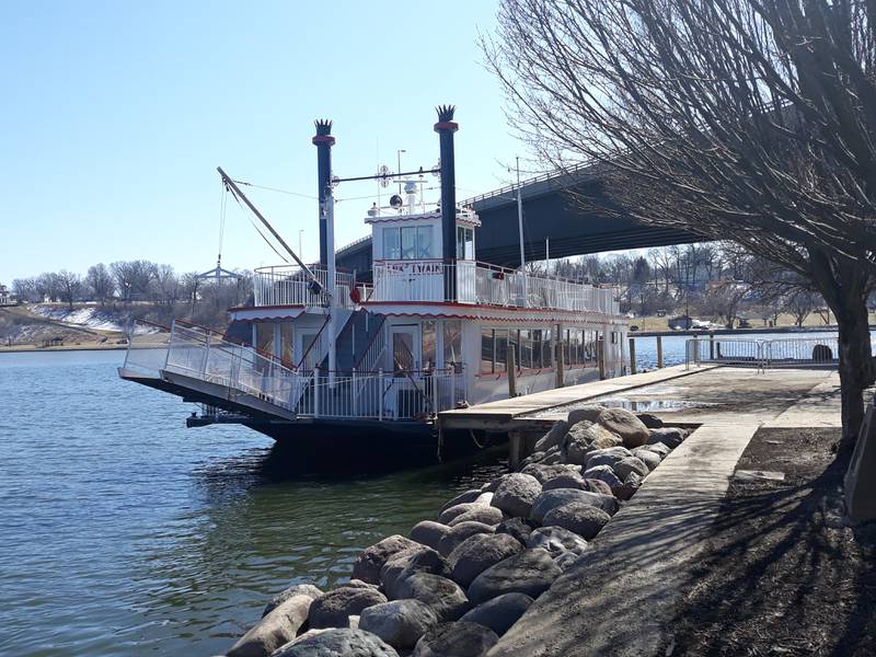 The Sainte Genevieve, a 149-passenger sternwheeler, docked Sunday, March 13, 2022, where the Fox meets the Illinois River in Ottawa.