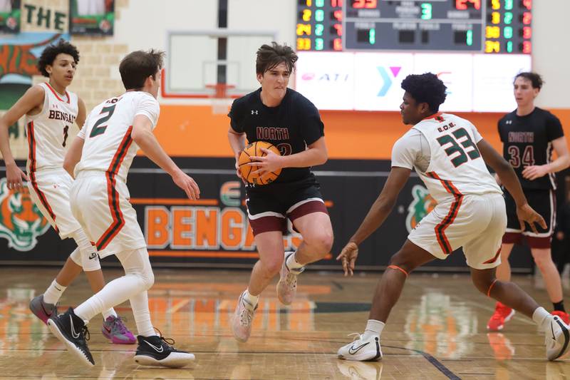 Plainfield North’s Samuel Finn drives to the basket against Plainfield East on Tuesday, Jan 14, 2025.