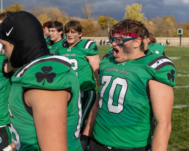 Colton Angeloff (70) of Seneca yells in celebration of playoff win on Saturday, November 1, 2025 at Seneca High School in Seneca.
