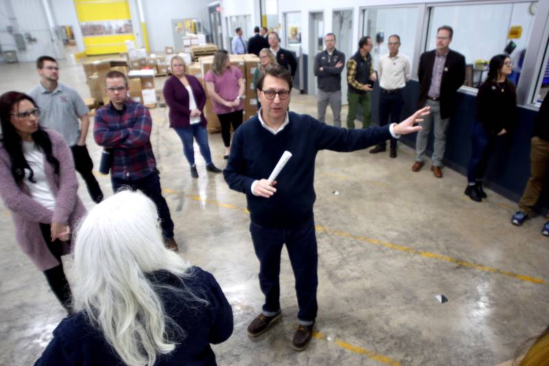 Executive Director of Marketing and Communications Chris Mordi speaks at Flocon Solutions to local educators during a Monday kick-off event for the ABC influencers, who are affiliated with the Community Foundation for McHenry County. “ABC" stands for "Area Business Connect,” and the event included tours and Q&A sessions at MAC Automation Concepts and Flocon Solutions in Woodstock.