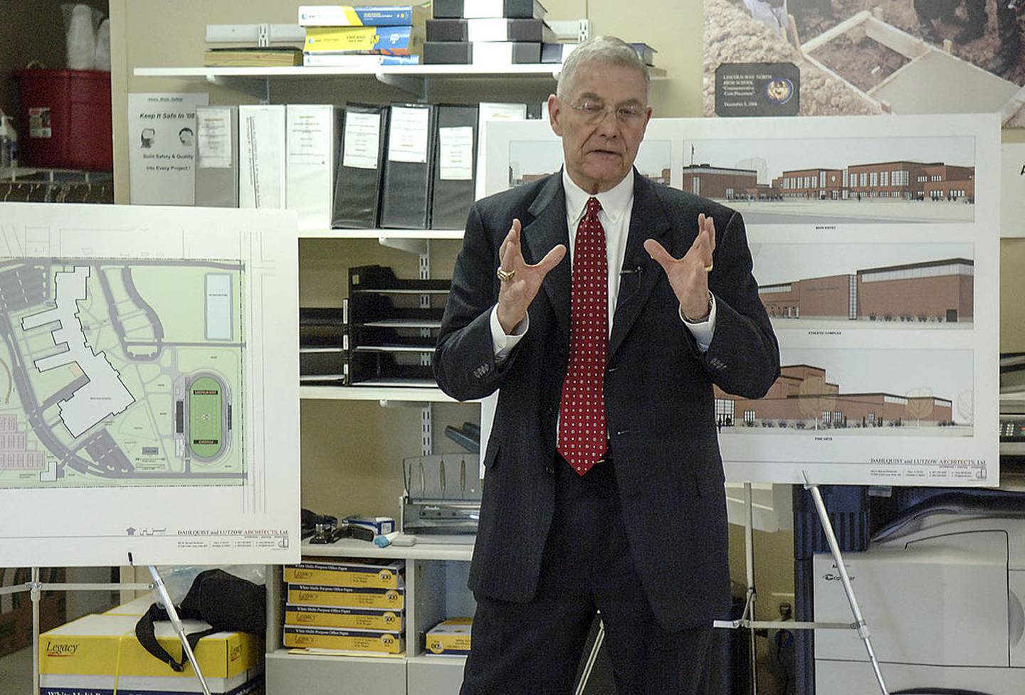 Former Lincoln-Way High School District 210 Superintendent Lawrence Wyllie displays renderings of the Lincoln-Way North High School building April 12, 2008, in Frankfort. Wyllie has faced federal fraud charges for more than three years.