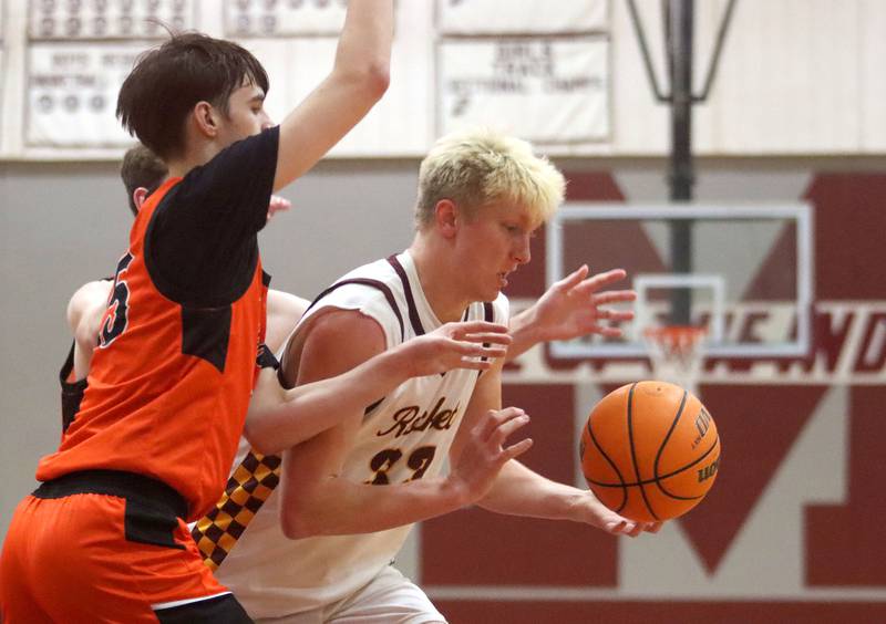 Richmond-Burton’s Luke Robinson works under the hoop against Crystal Lake Central in varsity boys basketball E.C. Nichols tournament championship game action on Saturday, Dec. 27, 2025, at Homer “Bill” Barry Gymnasium on the campus of Marengo High School in Marengo.