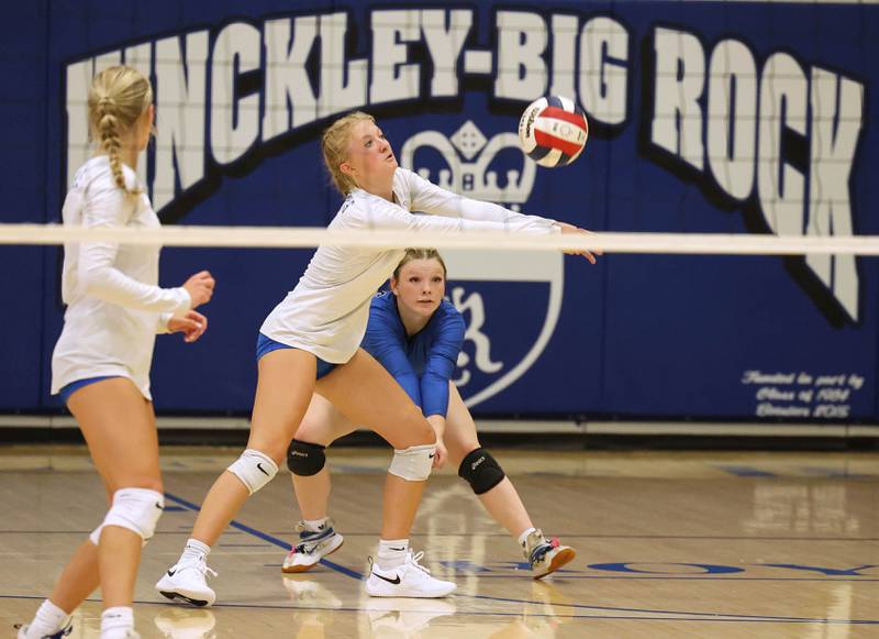 Hinckley-Big Rock’s Brynn Gawel receives a serve during their match against Aurora Christian Tuesday night at the school in Hinckley.