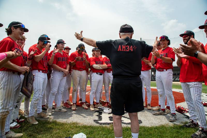 A Benet Academy fan addresses the team after their 7-0 over St. Francis High School at Kaneland High School in Maple Park on Saturday, June 7, 2025.