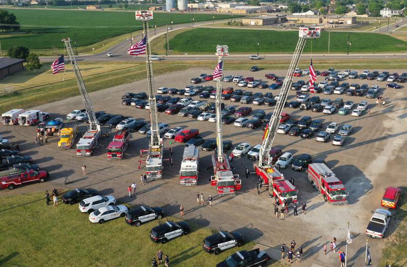 Firetrucks from Tonica, La Salle, Oglesby, Standard, Utica, La Salle and Peru attend the First Responder Appreciation Night during the Illinois Valley Pistol Shrimp baseball game at Schweickert Stadium on Tuesday, June 20, 2023 in Peru.