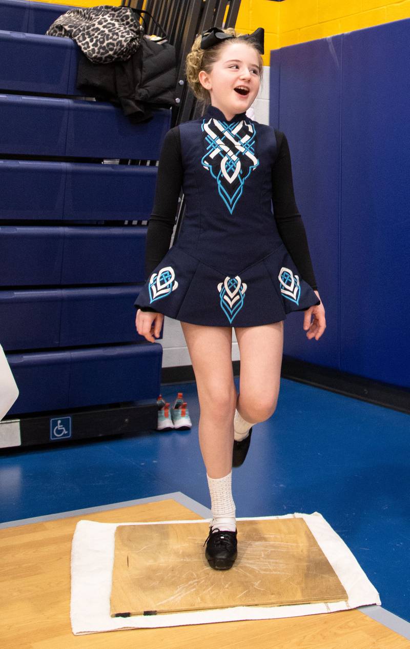 Fifth grader Avery Durkin Irish dancing for during the Saint Mary of Gostyn School's Open House in Downers Grove on Sunday, Jan. 29, 2023.