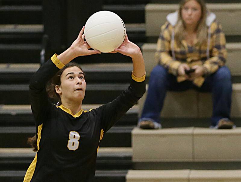 Putnam County's Ava Hatton (8) sends the ball to Earlville's side of the net in the Class 1A Regional game on Monday, Oct. 24, 2022 at St. Bede Academy in Peru.