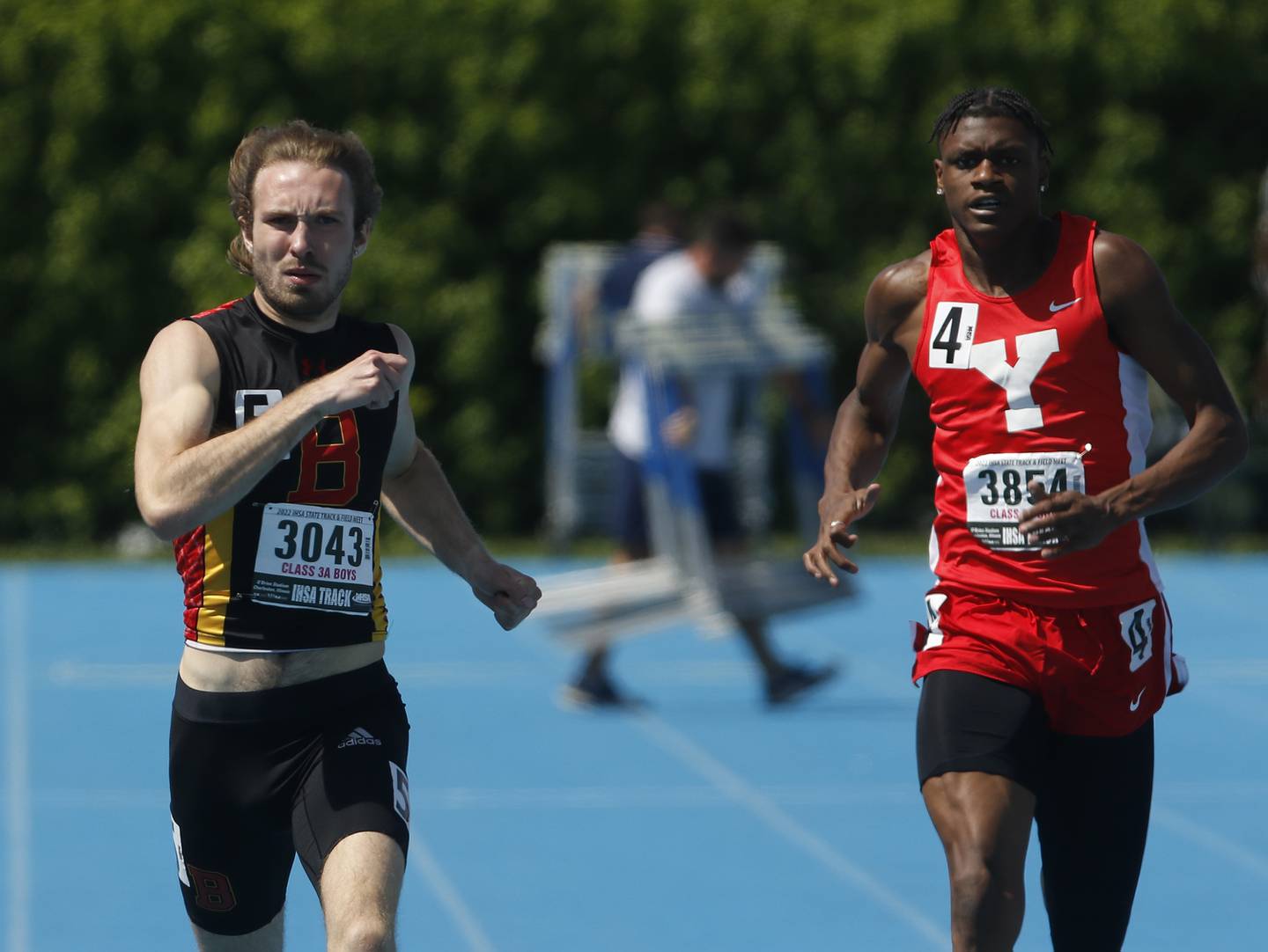 Batavia’s Jonah Fallon and Yorkville’s Josh Pugh compete in the 400 meter dash during the IHSA Class 3A State Track and Field Championships Saturday, May 28, 2022, at Eastern Illinois University in Charleston.