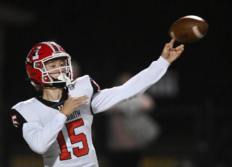 Maine South quarterback Jameson Purcell throws a pass during the Class 8A first-round playoff football game against Naperville North on Saturday, Nov. 2, 2024 in Naperville.