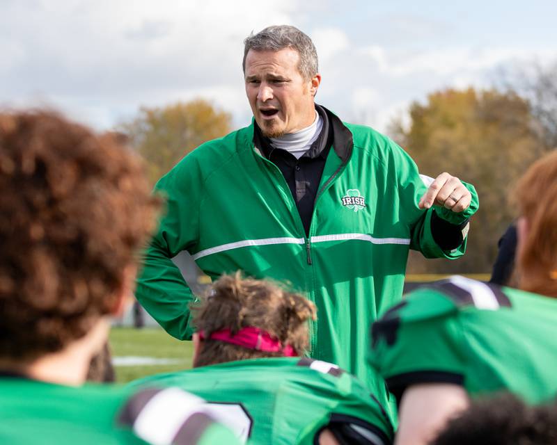Head Coach Terry Maxwell, speaks to team after win against Riverdale on Saturday, November 1, 2025 at Seneca High School in Seneca.