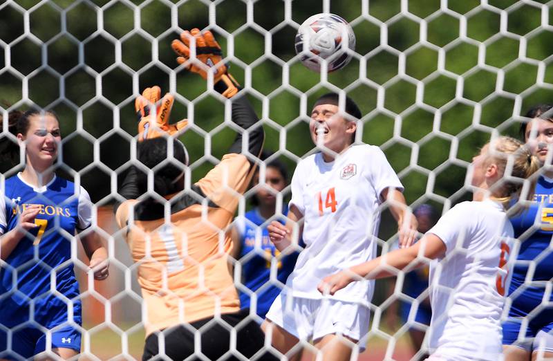 Crystal Lake Central’s Hadley Ferrero scores on a header in the second half against De La Salle in the IHSA girls Class 2A third-place soccer game at North Central College in Naperville on Saturday, June 3, 2023.