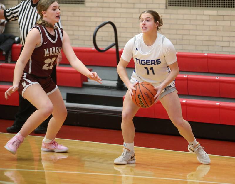 Princeton's Makayla Hecht looks to pass the ball as Morris's Layken Callahan defends during the Lady Pirate Holiday Tournament on Wednesday, Dec. 20, 2023 in Kingman Gym.