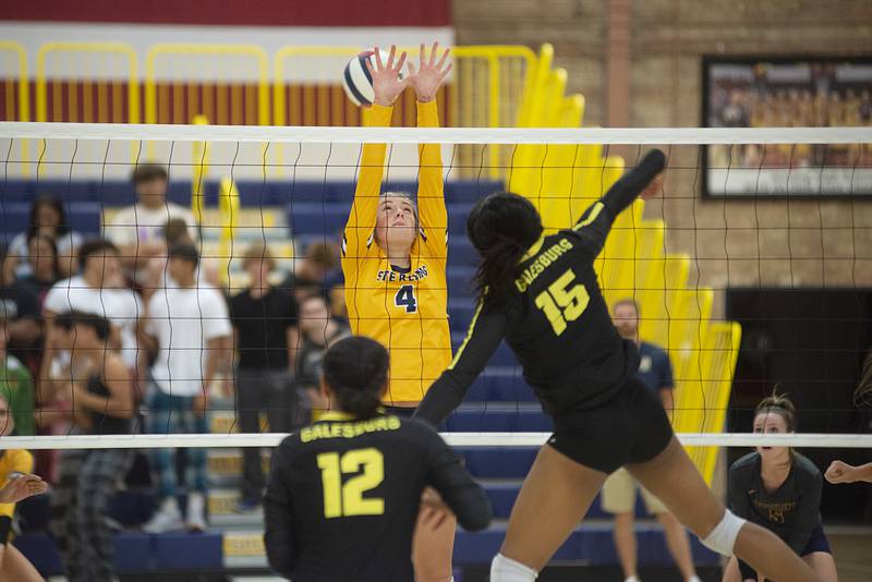 Sterling’s Olivia Melcher looks to block a shot Thursday, Sept. 15, 2022 against Galesburg.