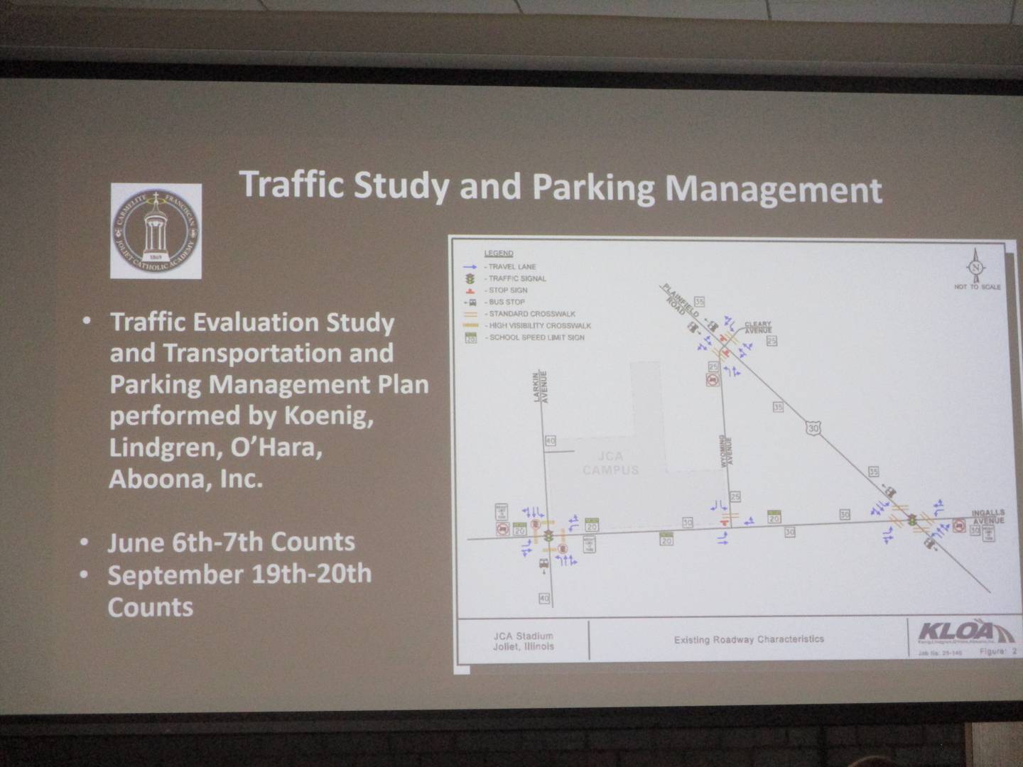 A graphic posted by Joliet Catholic Academy at the Joliet Plan Commission meeting on Thursday shows results from a traffic study for the school's plan for an on-campus football stadium. Nov. 20, 2025