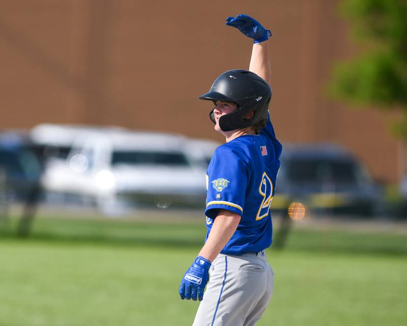 Somonauk's Landon Johnson (20) celebrates his two base hit during the game on Tuesday May 13, 2025, while taking on Newark High School held at Somonauk High School.