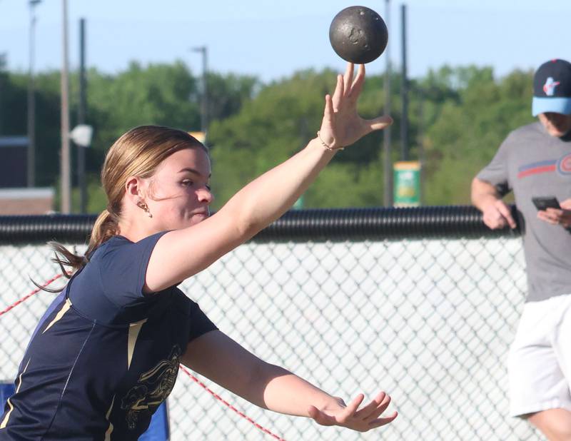 Marquette's Jakobi Reed throws shot put during the Class 1A Sectional meet on Thursday, May 14, 2026 at Seneca High School.