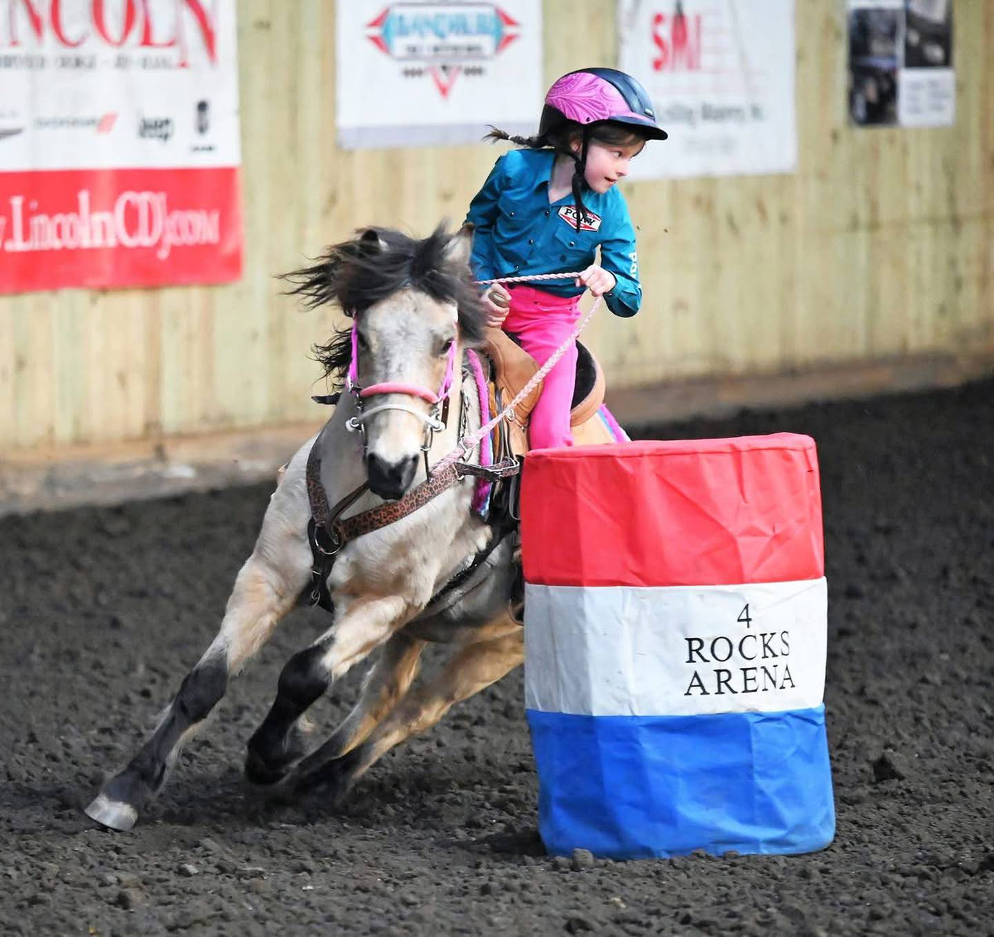 Hadley Vandermyde of Morrison turns her pony around a barrel during a recent event. She has been selected as a member of the Performance Pony Company’s 2025 Pony Pro Team.
