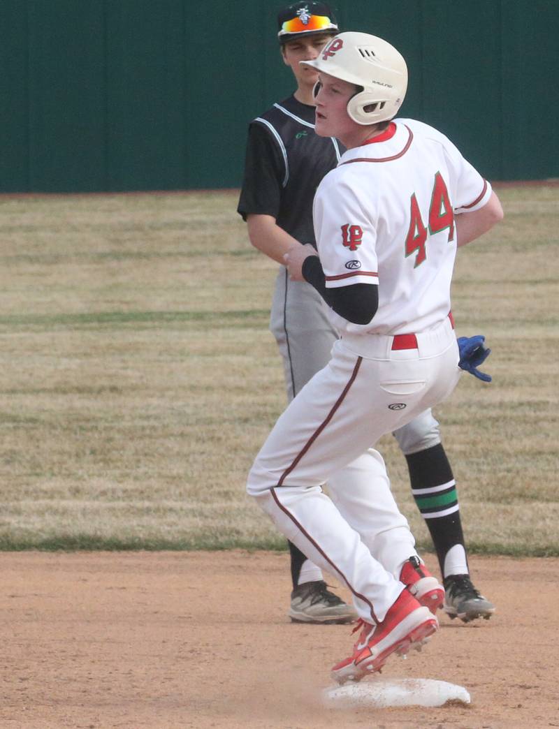 L-P's Jacob Gross runs to second base against Alleman on Tuesday, March 12, 2024 at the L-P Athletic Complex in La Salle.