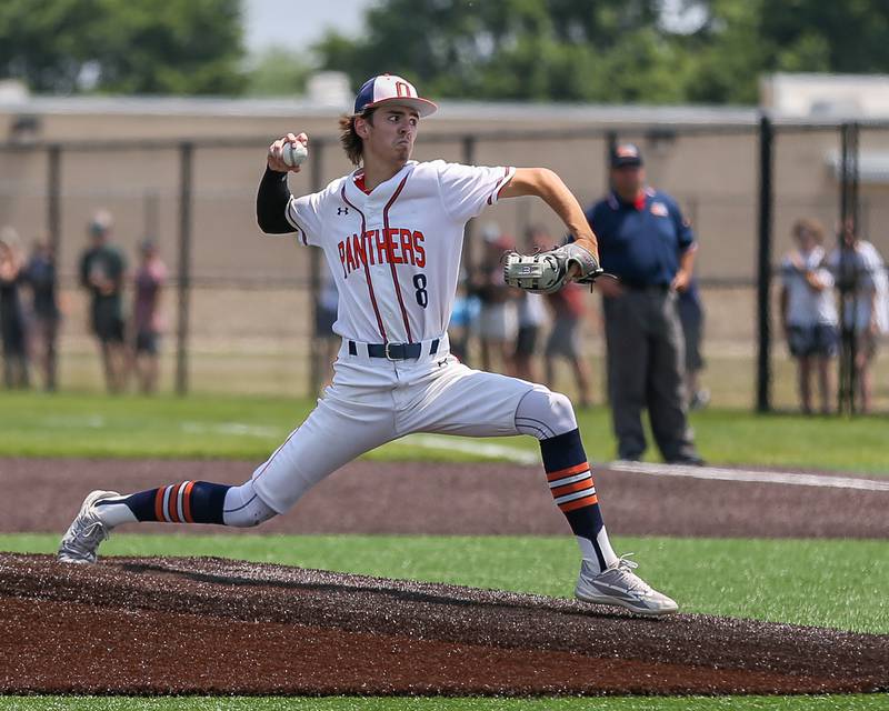 Oswego's Dominic Stringham (8) delivers a pitch during Class 4A Romeoville Sectional final game between Oswego East at Oswego.  June 3, 2023.