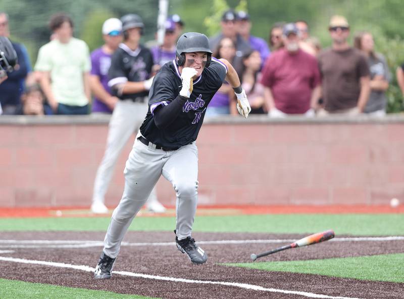 Downers Grove North's Tommy Finley (15) runs to first during the IHSA Class 4A baseball regional final between Downers Grove North and Hinsdale Central at Bolingbrook High School on Saturday, May 27, 2023.