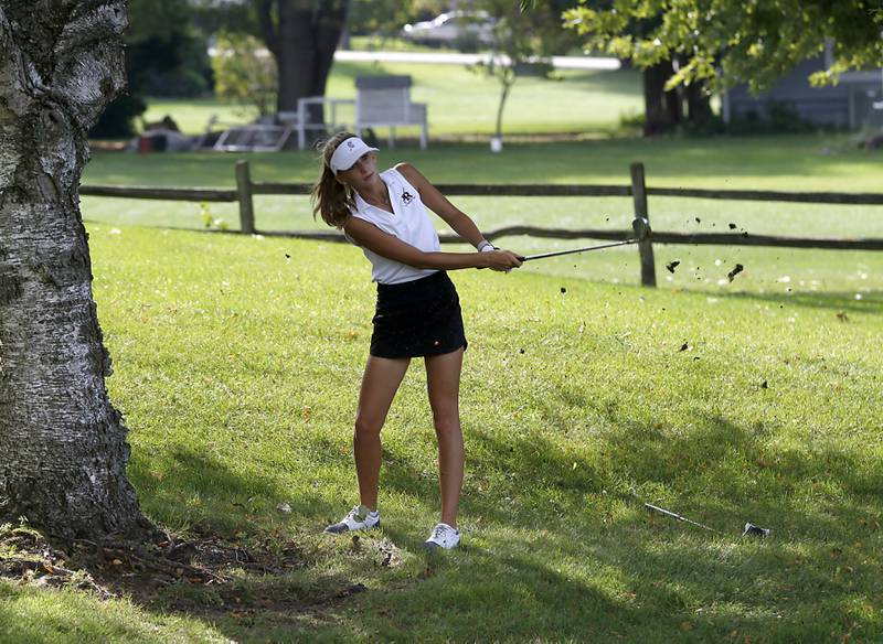 Prairie Ridge’s Jenna Albanese hits out of the rough on the eighth hole during the Fox Valley Conference Girls Golf Tournament Wednesday, Sept. 21, 2022, at Crystal Woods Golf Club in Woodstock.