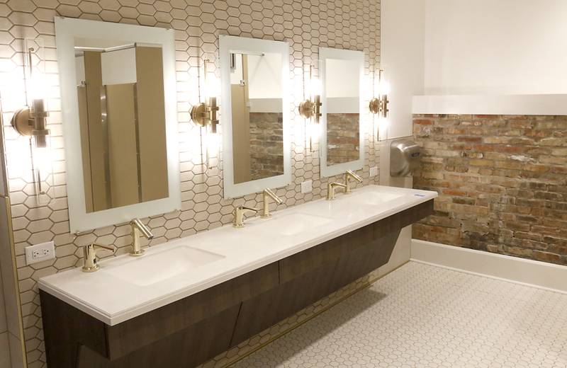 A new bathroom in the newly remodeled Old Courthouse Center in Woodstock on Thursday, July 13, 2023, during a tour of the building.