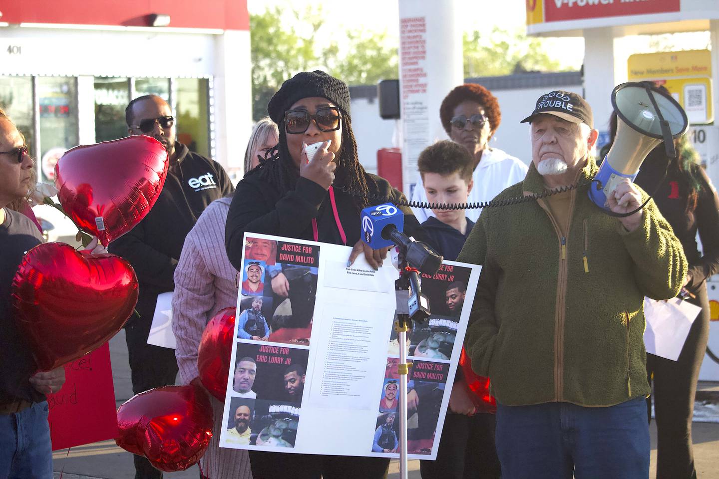 Nicole Lurry speaks during a vigil and protest on May 6, 2025 in Joliet for David Malito, 39, who died in police custody on Dec. 25, 2024. Malito's family filed a federal lawsuit against the city over his death.