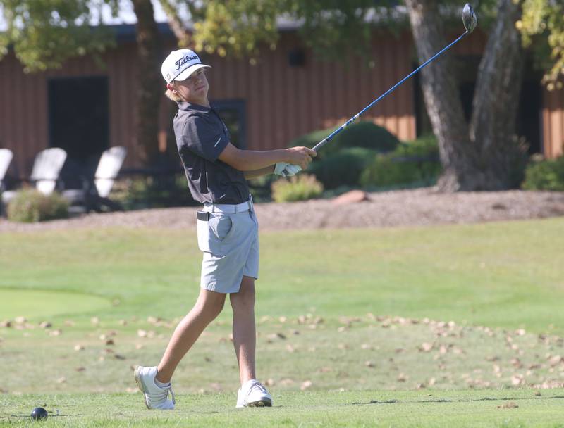 Kaneland's Dylan Pjesky tees off during the Pirate Invitational on Monday, Sept. 15, 2025 at Deer Park Golf Club in Oglesby.