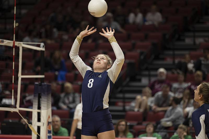 IC Catholic’s Lucy Russ sets the ball Friday, Nov. 11, 2022 during a class 2A semifinal volleyball game Friday, Nov. 11, 2022 against Freeburg.