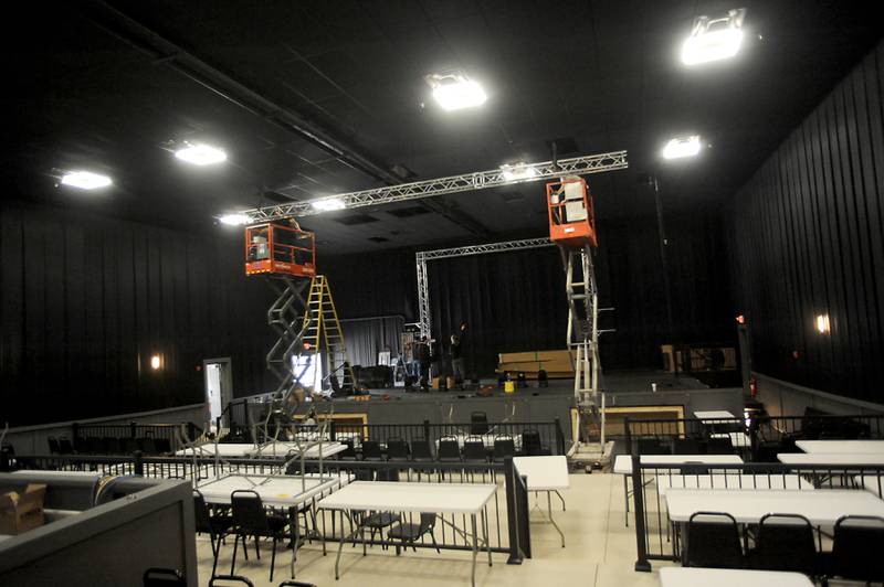 Rigging for stage lights is installed Wednesday, April 14, 2022, in The Vixen, at 1208 N. Green St. in McHenry. The theater, which was formerly the McHenry Downtown Theater, is reopening for live shows as part of the theater's pivot away from being a movie theater. As part of the renovations, the location's multiple movie theaters were combined into one large theater.