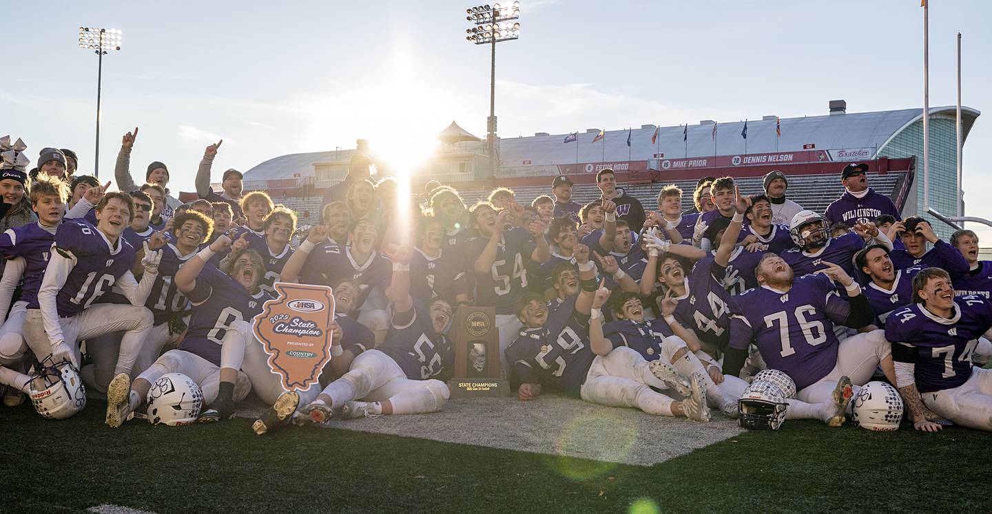 Wilmington celebrates their 42-6 win over Maroa-Forsyth Friday, Nov. 28, 2025, in the Class 2A football finals at Hancock Stadium at ISU.