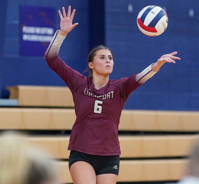 Lockport's Kylee Schurig (6) serves the ball against Oswego during a class 4A Oswego Sectional semifinal match at Oswego High School on Monday, Oct. 30, 2023.