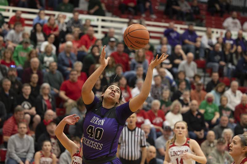 Dixon’s Hallie Williamson hauls in a pass against Lincoln in the class 3A super sectional Monday, Feb. 26, 2024 at LaSalle-Peru High School.