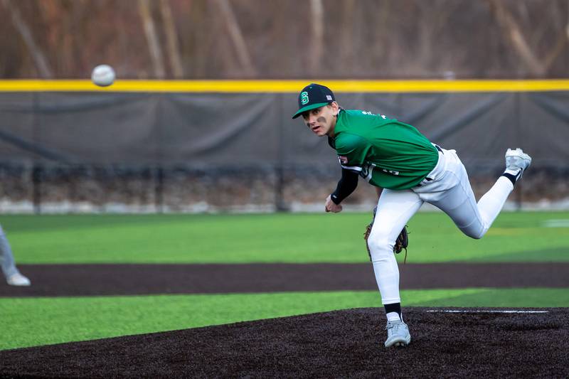 Vinny Carado of Seneca pitches on Monday, March 17, 2025 at Seneca High School in Seneca.
