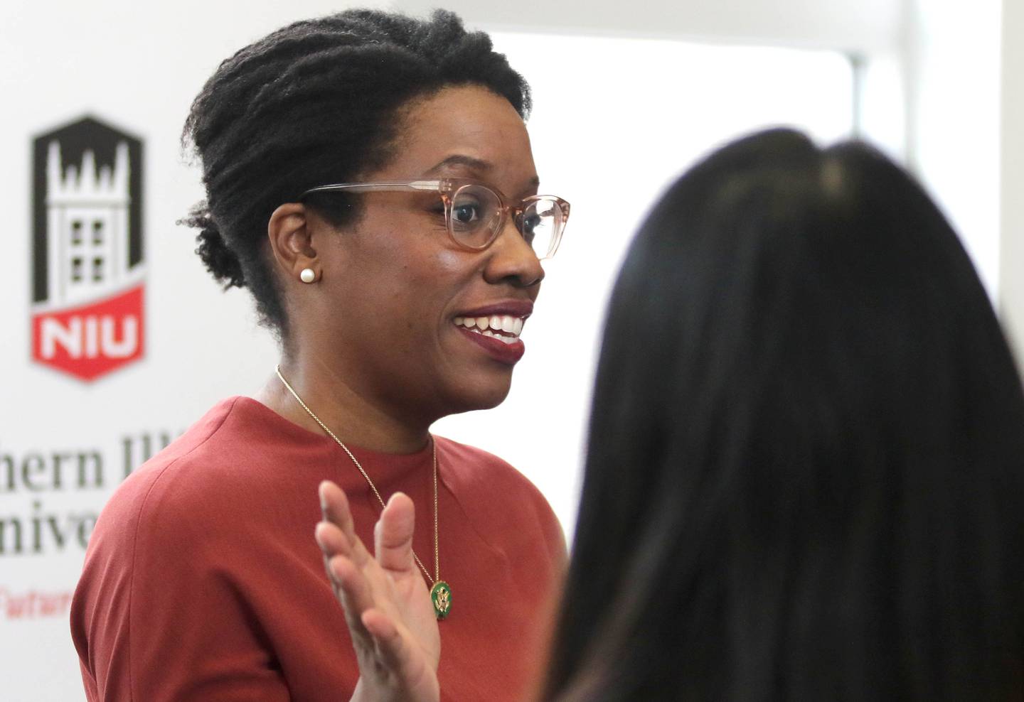 U.S. Rep. Lauren Underwood, D-Naperville, talks to students after she toured the semi-conductor lab Friday, Jan. 20, 2023, at the Northern Illinois University College of Engineering and Engineering Technology building in DeKalb. Underwood was visiting NIU to celebrate the university receiving $1.5 million in federal funding to upgrade its microchips manufacturing lab.