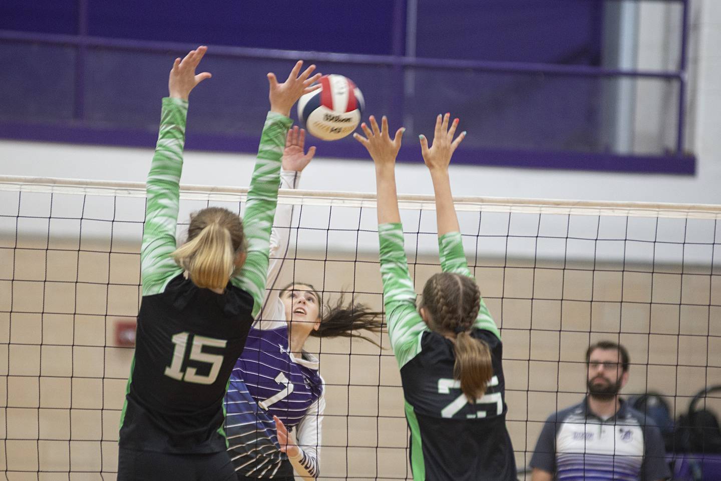 Dixon’s Sydney Hargrave hammers a shot against against Alleman on Wednesday, Sept. 7, 2022.
