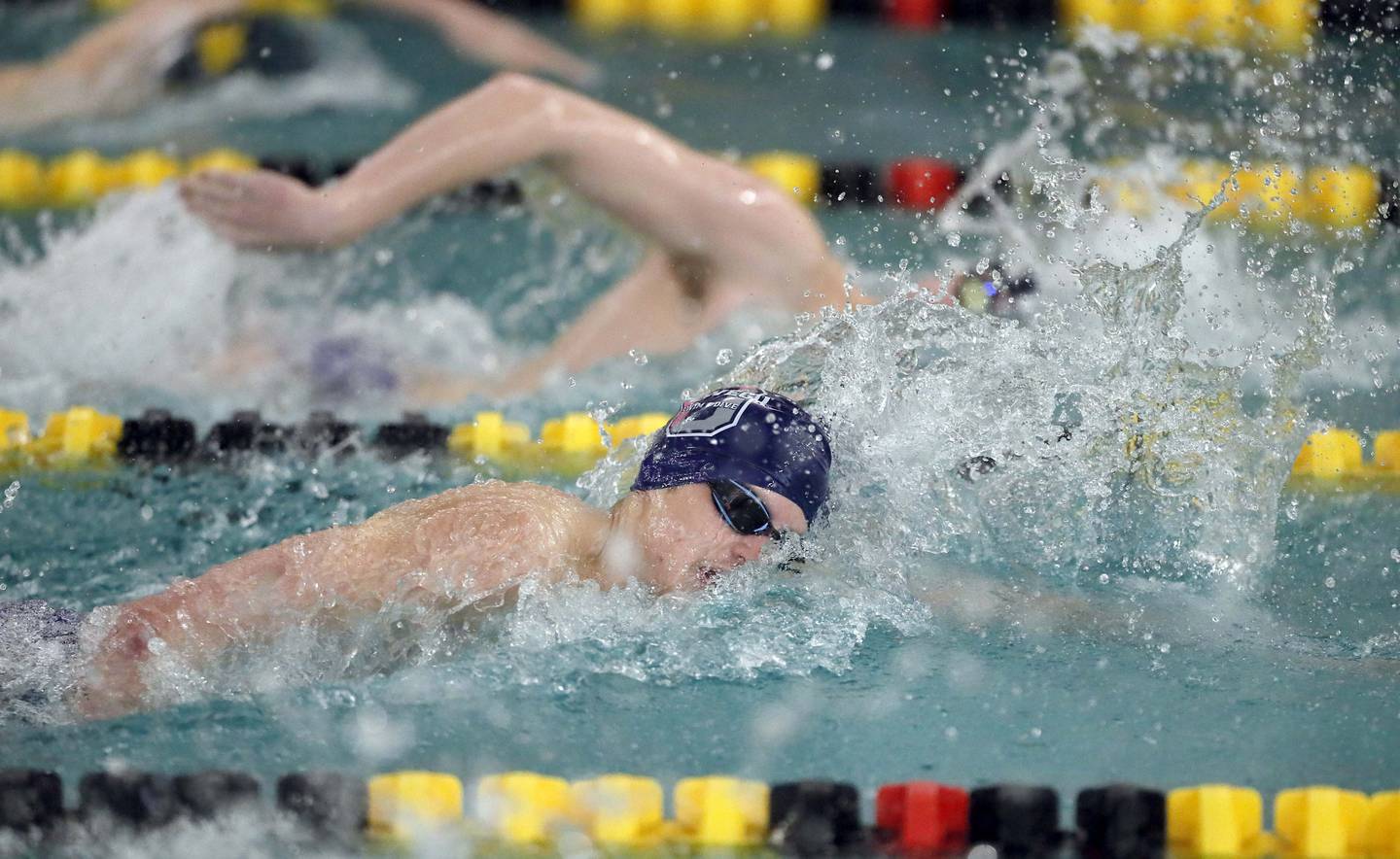Chase Maier of Oswego East competes in the Mens 200 Yard Freestyle during the Varsity Mustang Invite Saturday January 28, 2023 in Aurora.