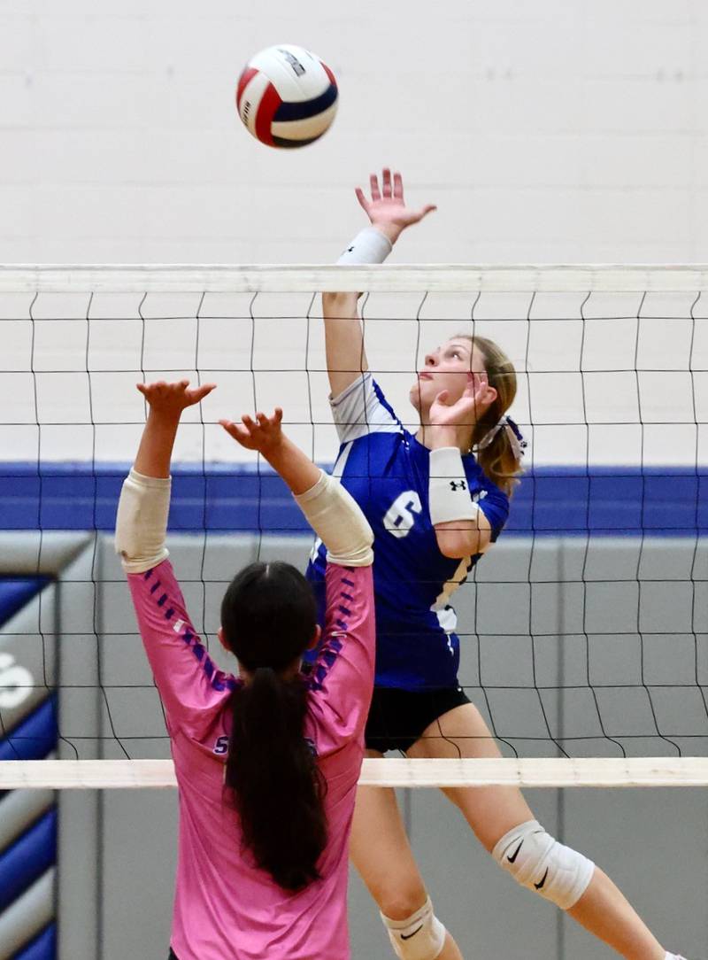 Princeton senior Caroline Keutzer soars to make a hit against Mendota Tuesday night at Prouty Gym. The Tigresses won 25-15, 25-12.