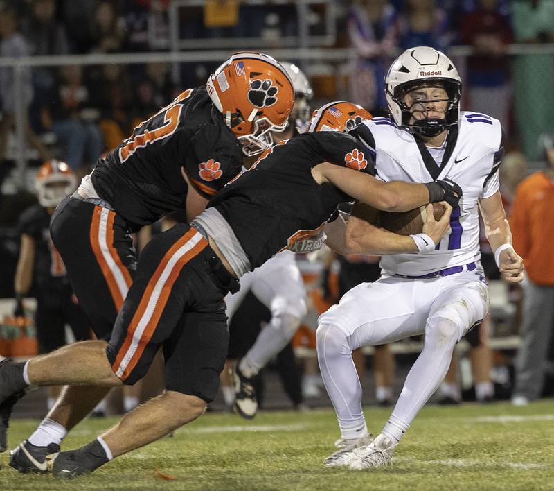 Dixon’s Jagger Kemp is tackled after a gain against Byron Friday, Sept. 5, 2025, at Byron High School.