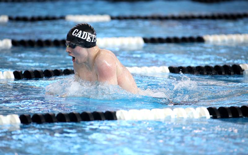 Marmion’s Brayden Capen competes in the 200-meter individual medley championship heat during the IHSA Boys State Championships on Saturday, March 1, 2025 at the FMC Natatorium in Westmont.