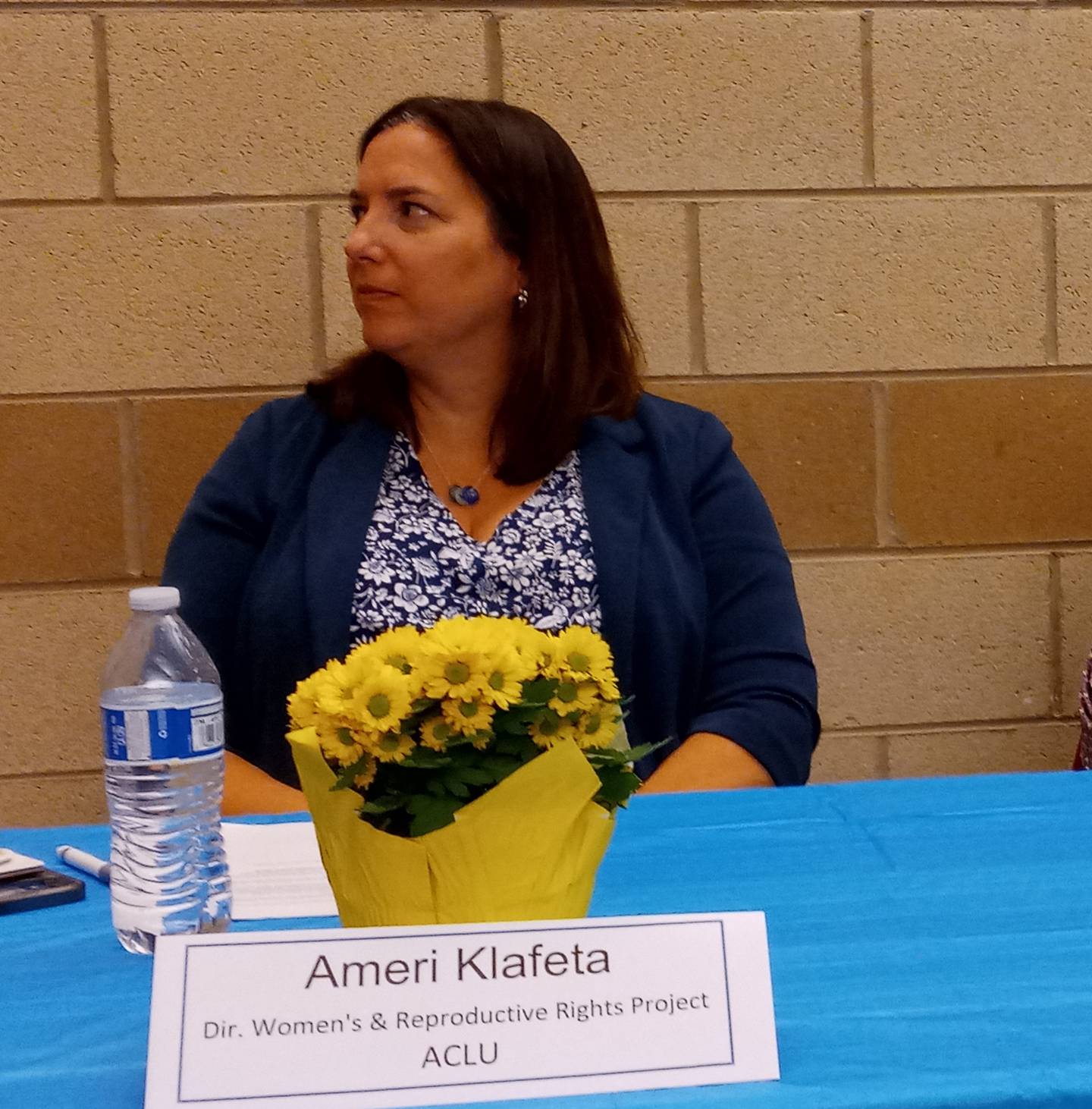 Ameri Klafeta, director of the Women's and Reproductive Rights Project for the Illinois American Civil Liberties Union participates in a forum on abortion rights in Illinois Thursday night at a forum hosted by Kane County Democratic Women.