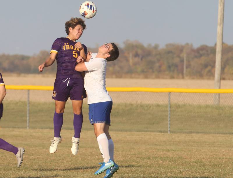 Mendota's Maurcio Martinez beast Princeton's Chase Castner to a header during the Class 1A Regional final game on Tuesday, Oct. 22, 2024 at Serena High School.