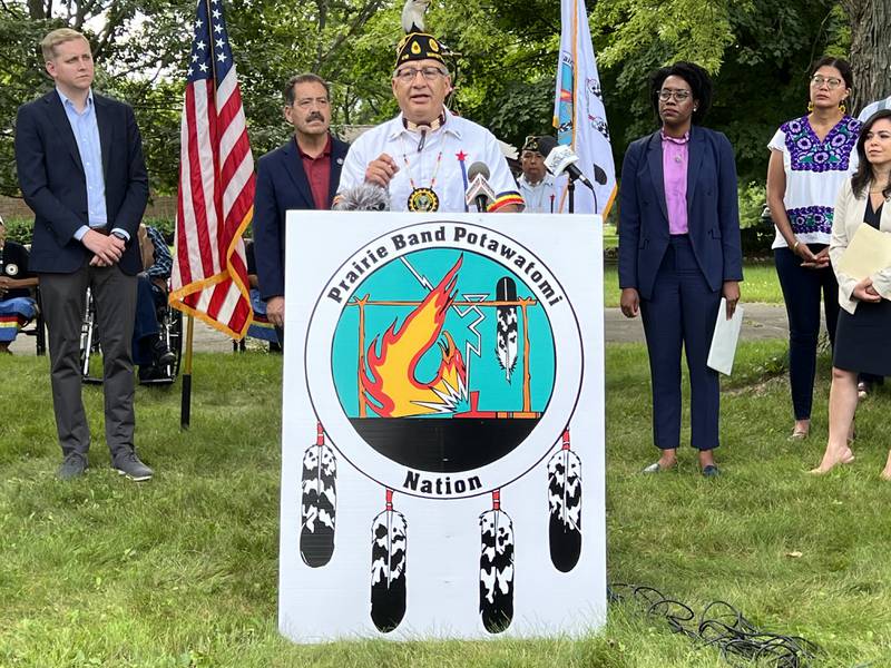 On Aug. 11, 2022 Chief Joseph Rupnick speaks to press about the Prairie Band Potawatomi Nation Shab-eh-nay Band Reservation Settlement Act of 2022. Rupnick was joined by local, state and federal lawmakers who support the Nation's reclamation efforts.