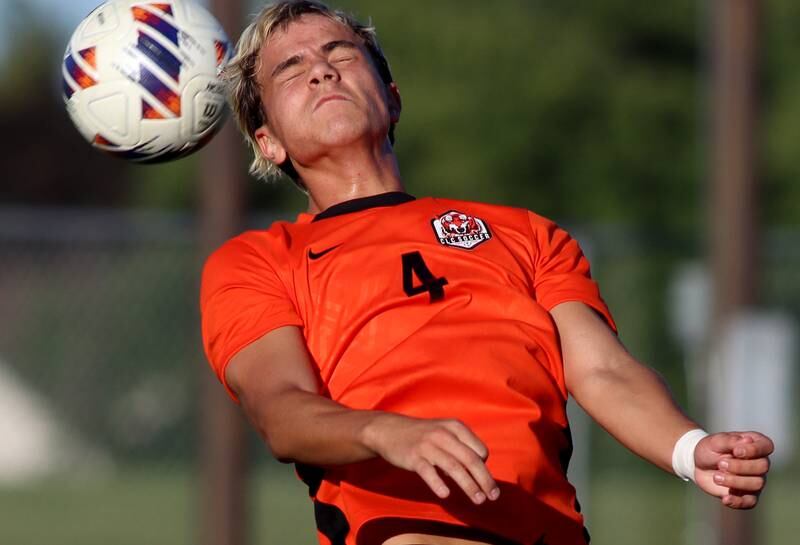 Crystal Lake Central’s Alvaro Manzano heads the ball against Burlington Central in varsity soccer on Thursday Sept. 26, 2024, at Crystal Lake Central High School in Crystal Lake.