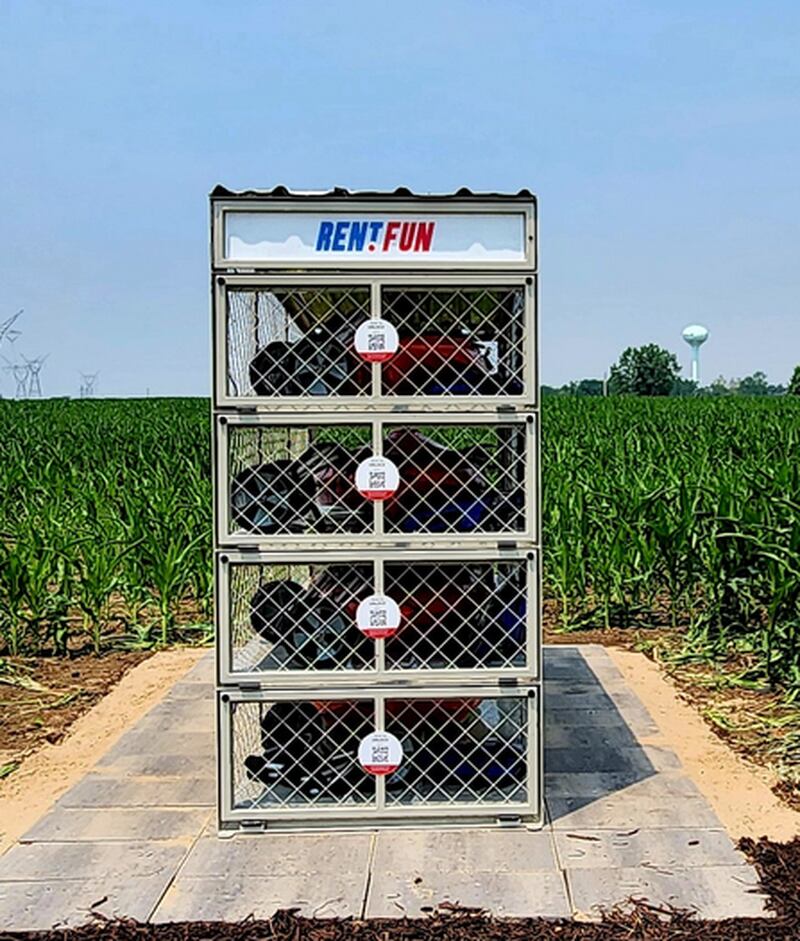 Rock Falls Tourism has added a new option for summer fun: kayak rentals. The kiosk is just to the right of the access road to the state Route 40 Hennepin Canal boat launch, and sits a little back in the cornfield, on land owned by the city (since the IDNR has not given permission to put it on its land). A dolly comes with the rental, to help get it to the water, as does a paddle and a flotation vest.
