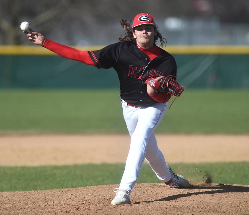 Glenbard East pitcher Caden Krystofiak throws to a Bartlett batter during Thursday's baseball game in Bartlett.