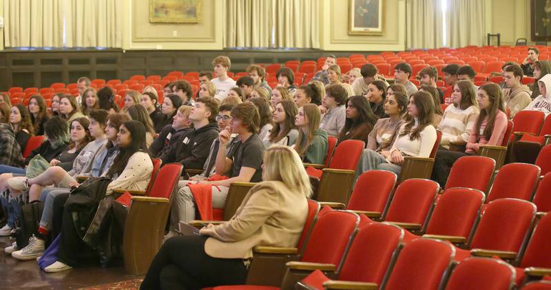 Around 70 Naperville Central students gather in Matthiessen Auditorium to tour La Salle-Peru Township High School on Tuesday, April 18, 2023. The students participated in a student swap, a learning experience to see a different high school and area. On the tour, the students saw the school McCormack Memorial Library and Media Center, Canterbury Tales mural, East gym, Area Career Center, weight room and cardio room, Howard Fellows Stadium and much more. A group of L-P students will tour Naperville Central on April 20 for a similar experience.