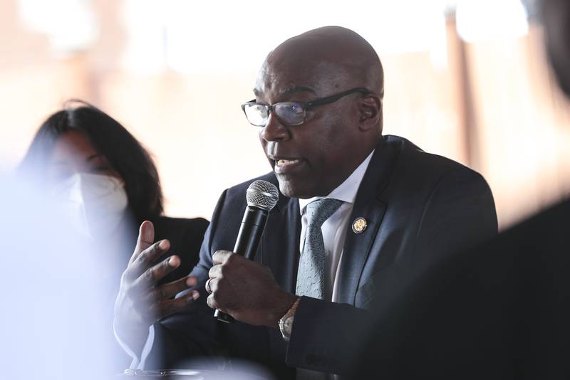 Illinois State Attorney General Kwame Raoul addresses members of the community on Wednesday, Sept. 8, 2021, at Joliet Area Historical Museum in Joliet, Ill. Illinois State Attorney General Kwame Raoul and his team held a small meeting with community members after his announcement of a civil investigation into the Joliet Police Department.